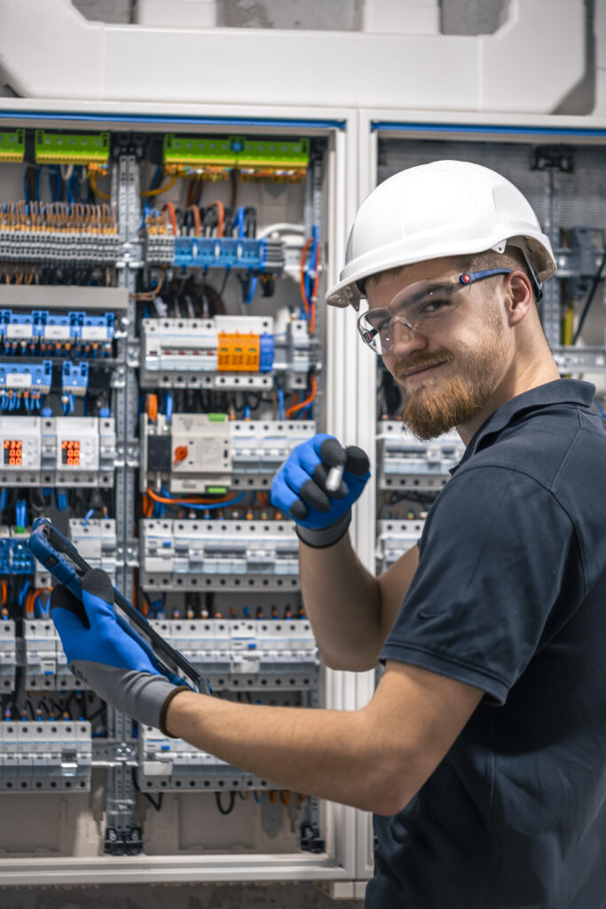 happy bearded technician in protective helmet with digital tablet.