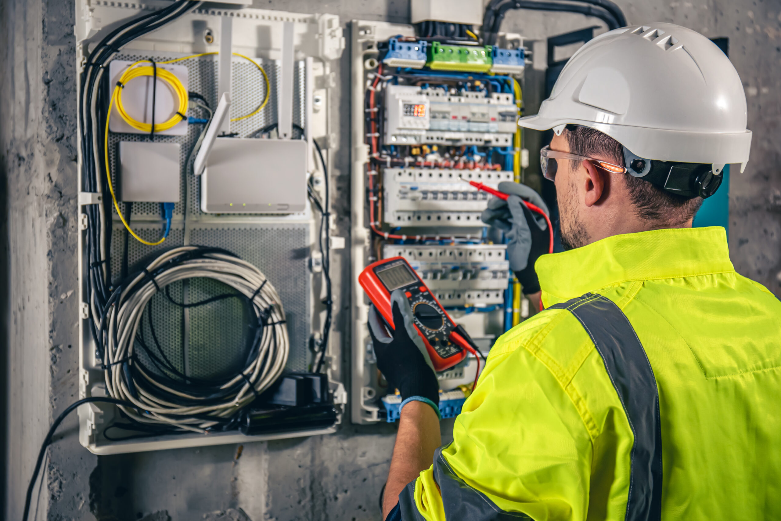 man, an electrical technician working in a switchboard with fuses.
