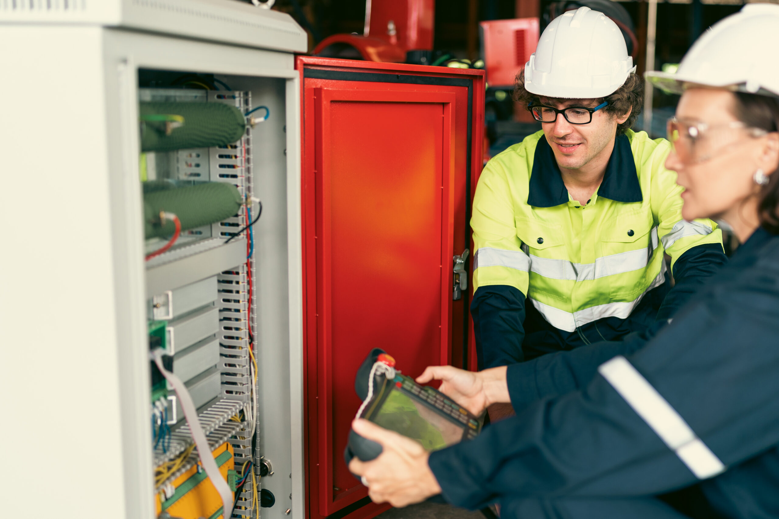 professional technician engineer working in industrial manufacturing factory, checking equipment